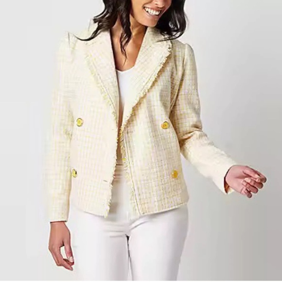 NWT 4 LIZ CLAIBORNE Yellow plaid fringe wool classic double button woman blazer - Picture 1 of 16